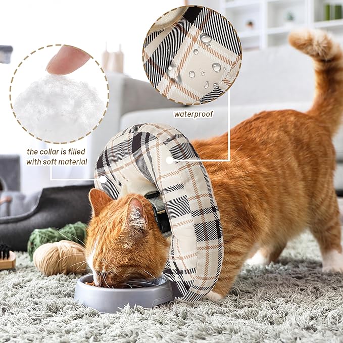 Cat Cone Collar Soft, Adjustable Plaid Elizabethan Cat Recovery Collar After Surgery to Prevent Licking &amp; Scratching Wound, Fits Small Medium Large Cats, Puppy, Small Dogs