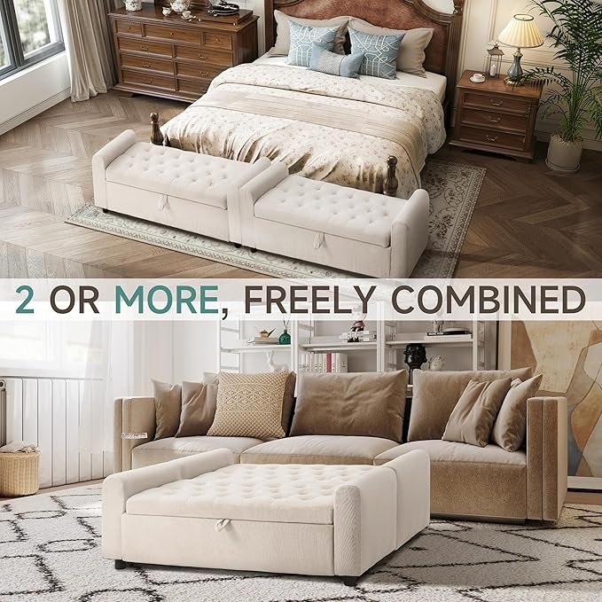 Ottoman with Storage, Tufted Storage Bench for Bedroom, 48" Fabrics End of Bed Bench, Upholstered Entryway Shoe Benches with Rolled Arm &amp; Inner Zipper, Window Ottomans Chest without Rivets, Beige