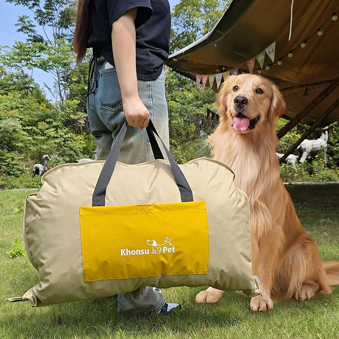 Portable Waterproof Dog Mat for Camping, Patio &amp; Travel - Foldable Outdoor Dog Bed with Teflon Shell &amp; Removable Plush Pad - Easy Clean, Durable - L (Denime Blue)