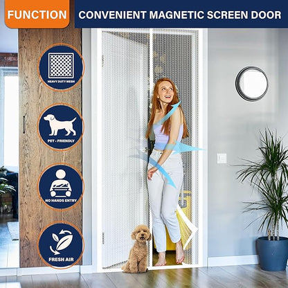Magnetic Screen Door, Heavy Duty Door Screen Magnetic Closure Keep Bugs Out,Pet &amp; Kid Friendly，Hands Free Door Screen Fit Door Size 32 x 80 Inches White