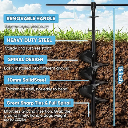 Dog Tie Out Stake for Large Dogs – Heavy Duty In-Ground Dog Anchor up to 210 lbs – Secure Tether Stake for Yard, Camping &amp; Beach – Easy Install with Tool, Works with Tie Out Cable &amp; Leash, Black