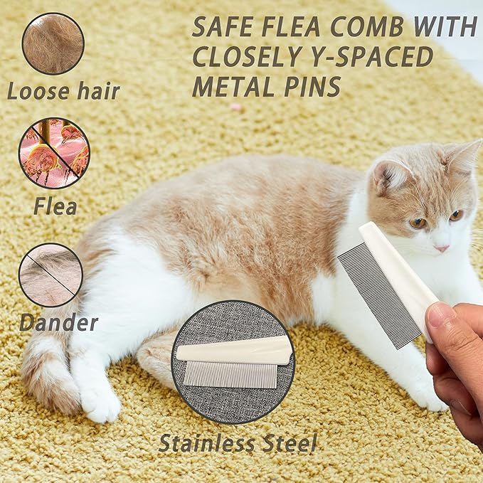 Cat Grooming Brush Kit 6 Tools - Deshedding &amp; Dematting for Long/Short Hair, Self-Cleaning Slicker Brush with 6-in-1 Flea Comb for Cats &amp; Kittens (White)