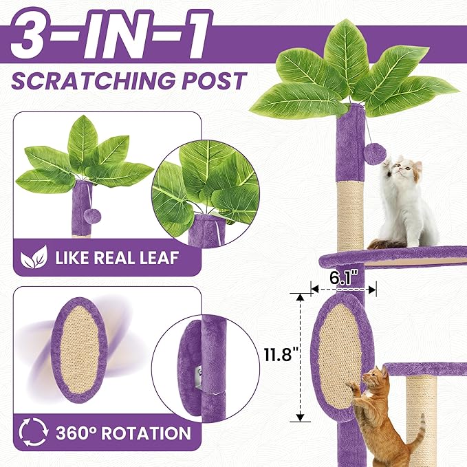 55 Inch Large Cat Tree Tower for Indoor Cats with Hammock Green Leaves Sisal Scratching Post, Plush Hang Ball Play Furniture for Kittens &amp; Adult Cats, New Purple