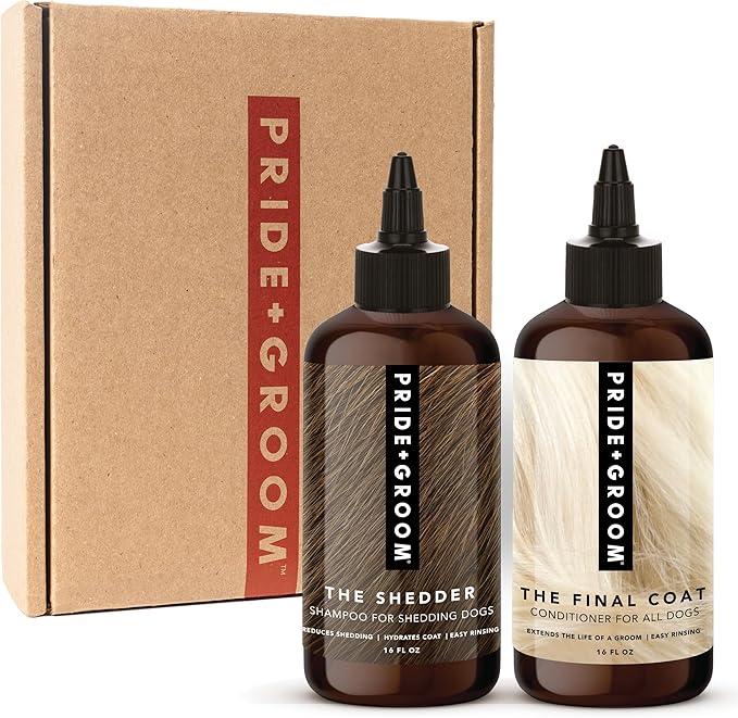 Pride and Groom The Shedder Box Set – Deshedding Dog Shampoo &amp; Conditioner with All Natural Blend of Essential Oils &amp; Ingredients to Moisturize &amp; Untangle Curly and Wavy Coats – 32oz