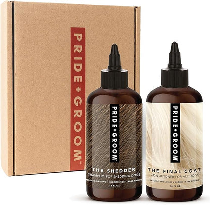 Pride and Groom The Shedder Box Set – Deshedding Dog Shampoo &amp; Conditioner with All Natural Blend of Essential Oils &amp; Ingredients to Moisturize &amp; Untangle Curly and Wavy Coats – 32oz