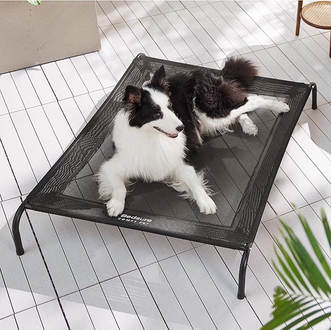 Bedsure Outdoor Elevated Dog Bed Large Sized Dog, Portable Indoor &amp; Outdoor Cooling Raised Cot Pet Hammock Bed with Skid-Resistant Feet, Frame with Breathable Mesh, Black, 49 inches