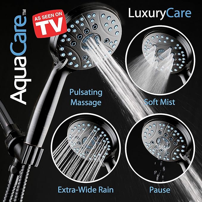 Hotel Spa AquaCare High Pressure 8-mode Handheld Shower Head, Anti-clog Nozzles - Built-in Power Wash to Clean Tub, Tile &amp; Pets, Extra Long 6 ft. Stainless Steel Hose, Wall &amp; Overhead Brackets