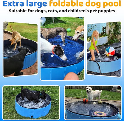 39.5" x 12" Foldable Dog Pool - Collapsible Hard Plastic Kiddie Pool for Dogs &amp; Kids, Non-Slip Pet Bath Tub for Outdoor Backyard Use, Lightweight &amp; Portable (Blue)