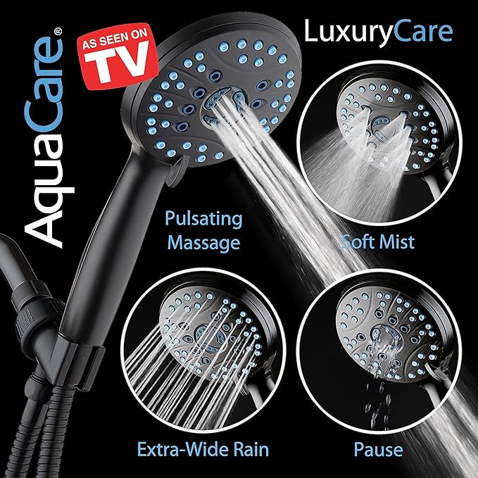 AquaCare High Pressure 8-mode Handheld Shower Head - Anti-clog Nozzles, Built-in Power Wash to Clean Tub, Tile &amp; Pets, Extra Long 6 ft. Stainless Steel Hose, Wall &amp; Overhead Brackets