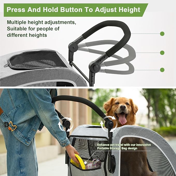 Large Dog Stroller - Dual Entry Safety Folding Pet Stroller with Adjustable Handle, All-Terrain 4-Wheel, 160 lbs Weight Capacity for Travel &amp; Outdoor Adventures - Gray
