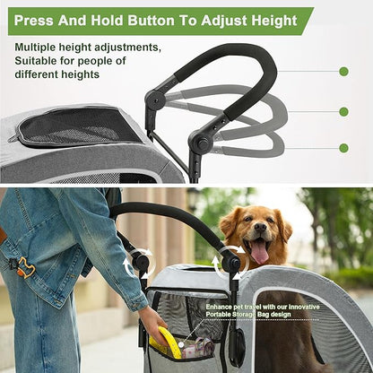Large Dog Stroller - Dual Entry Safety Folding Pet Stroller with Adjustable Handle, All-Terrain 4-Wheel, 160 lbs Weight Capacity for Travel &amp; Outdoor Adventures - Gray