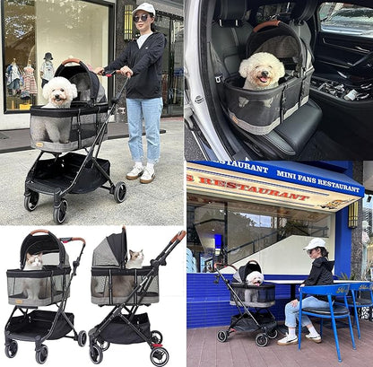 ROODO Fashion 3-in-1 Dog Cat Stroller with Detachable Carrier&amp;Car Seat Combo Best Lightweight Folding Portable All-Terrain Travel Pet Gear Puppy Doggie Kitty Stroller for up to 30 lbs(Grey Lattice)