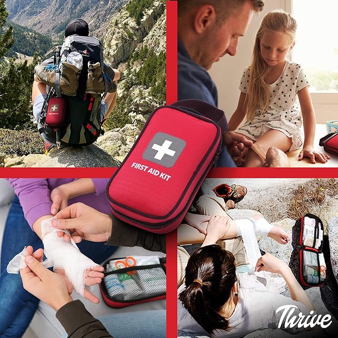Thrive First Aid Safety Kit - 100-Piece Bag - Compact Waterproof Rip-Stop Nylon Pouch - Multi-Size Bandages, Antiseptic Wipes &amp; Safety Pins for Car &amp; Travel