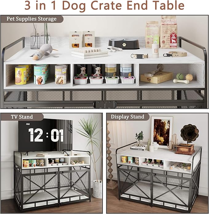 Dog Crate Furniture, 48" Heavy Duty Wooden Dog Crate End Table, XL Dog Kennel Furniture Large Breed, Decorative Dog Kennel Indoor with 3 Drawers &amp; Steel Tube 48"L x28"W x36"H (White and Black)