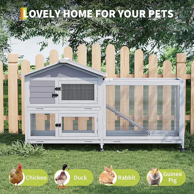 Rabbit Hutch 2-Tier, Small Wooden Chicken Coop with Wheels for Outdoor Use - Weatherproof Small Animal Hutch with Non-Slip Ramp, 4 Access Doors &amp; Removable Tray for Rabbits, Guinea Pigs, Ferrets