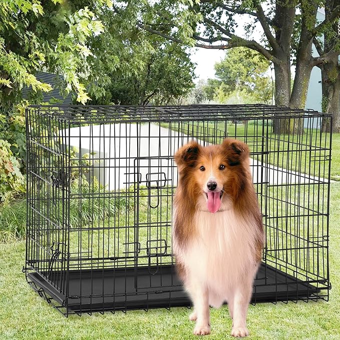 FDW Extra Large Dog Crate Dog Kennel Cage with Double Door,48 inch Folding Metal Wire Dog Cage with Removable Tray&amp;Divider Panel,Pet Crate for Large Dogs,Black