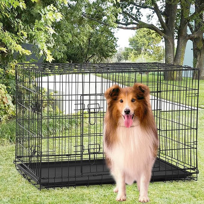 FDW Extra Large Dog Crate Dog Kennel Cage with Double Door,48 inch Folding Metal Wire Dog Cage with Removable Tray&amp;Divider Panel,Pet Crate for Large Dogs,Black