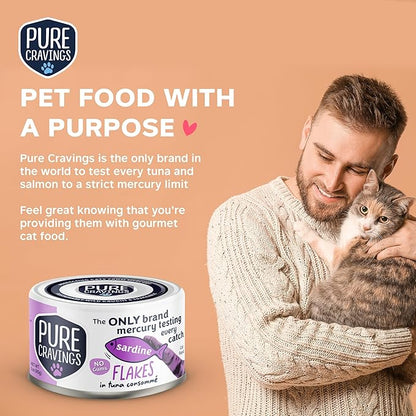 Sardine Flakes in Tuna Consommé, Canned Wet Cat Food Soup, 100% Mercury-Tested, Moist Can Fish, Grain-Free Protein, Non-GMO, 3oz, Pack of 12