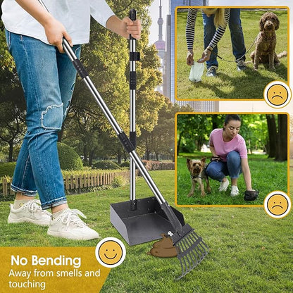 Dog Pooper Scooper, 20L Large Dog Poop Trash Can Outside with Removable Inner Bucket, Poop Trash Can for dog Outdoors with 90 Waste Bags, 37inch Long Handle Stainless Metal Tray &amp; Rake