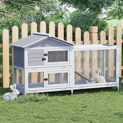 Rabbit Hutch 2-Tier, Small Wooden Chicken Coop with Wheels for Outdoor Use - Weatherproof Small Animal Hutch with Non-Slip Ramp, 4 Access Doors &amp; Removable Tray for Rabbits, Guinea Pigs, Ferrets