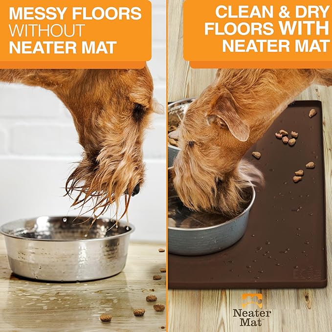 Neater Pet Brands Neater Mat Pet Mats for Food and Water, Cat &amp; Dog Bowl Mat Waterproof Silicone, Feeding Tray, Dog Food Mats for Floors, Placemat w/Raised Edge for Under Bowls, 16” x 10”, Brown