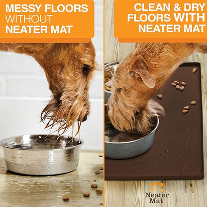 Neater Pet Brands Neater Mat Pet Mats for Food and Water, Cat &amp; Dog Bowl Mat Waterproof Silicone, Feeding Tray, Dog Food Mats for Floors, Placemat w/Raised Edge for Under Bowls, 24" x 16", Brown