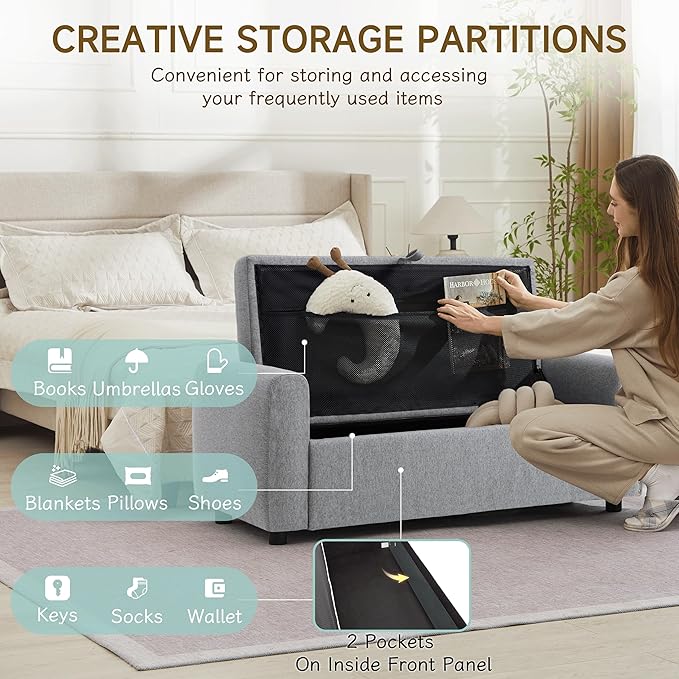 Ottoman with Storage, Tufted Storage Bench for Bedroom, 48" Fabrics End of Bed Bench, Upholstered Entryway Shoe Benches with Rolled Arm &amp; Inner Zipper, Window Ottomans Chest without Rivets, Dark Grey
