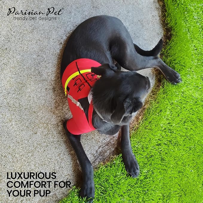 Parisian Pet Embroidered Firefighter Costume - 100% Cotton &amp; Polyester Dog Clothes - Sleeved Red Dog Costume - 3XL