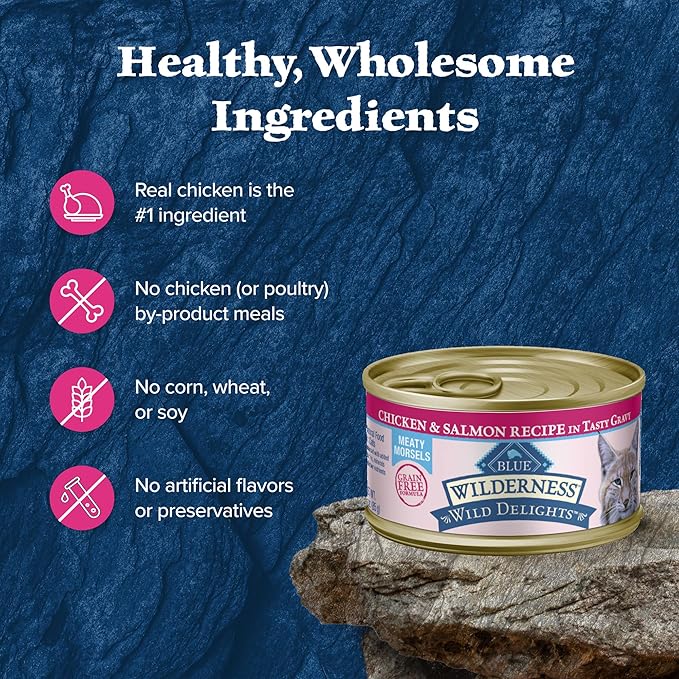 Blue Buffalo Wilderness Wild Delights Meaty Morsels Natural Wet Cat Food, Chicken &amp; Salmon in Tasty Gravy, 3-oz. Cans, 24-Pack
