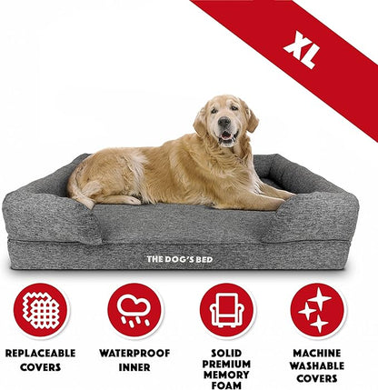 The Dog’s Bed, XL Grey Poly-Linen 43.5x34, Memory Foam, Pain Relief: Arthritis, Hip &amp; Elbow Dysplasia, Post Surgery, Lameness, Supportive, Calming, Waterproof Washable Cover, Veterinary Approved