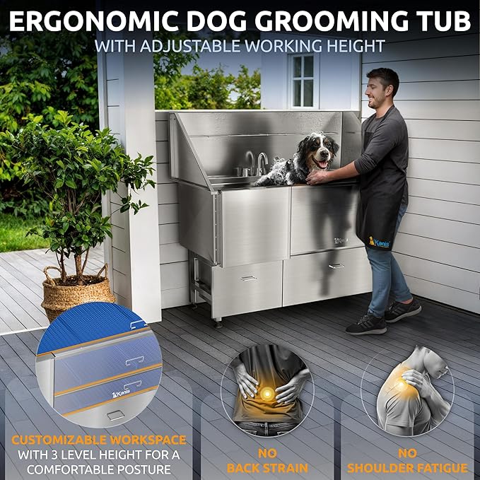 KANIS Professional Dog Washing Station - 304 Stainless Steel Pet Wash Sink &amp; Grooming Bath Tub for Home with Ramp, Shower, Floor Grate, Storage Drawers, and Faucet for Large, Medium &amp; Small Pets