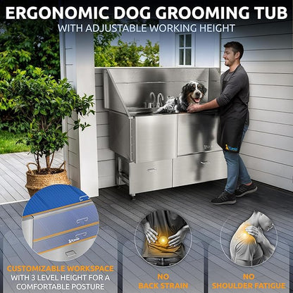 KANIS Professional Dog Washing Station - 304 Stainless Steel Pet Wash Sink &amp; Grooming Bath Tub for Home with Ramp, Shower, Floor Grate, Storage Drawers, and Faucet for Large, Medium &amp; Small Pets