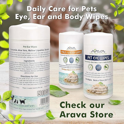 Arava Ear Cleaner Wipes for Dogs Cats Puppies Kittens - 100 Count - Natural Medicated Cleansing Deodorizer - Removes Dirt Wax - Pet Wipes for Cat Ear Cleaning, Dog Ear Cleaner