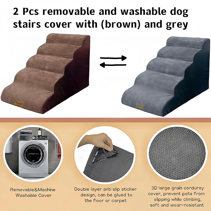 Dog Stairs &amp; Pet Ramp for Small/Large Dogs to High Beds/Couches - 5 Steps 24-inch Height for 18-30 inch Furniture, 2 Washable Covers (Brown, Grey), Non-Slip Balanced 33D Design for Old Dogs &amp; Cats
