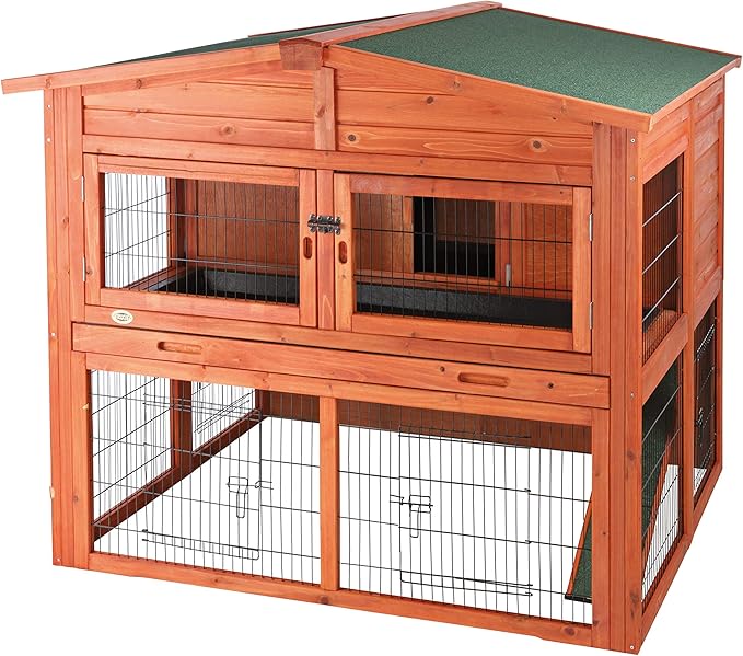 TRIXIE natura Outdoor Deluxe Rabbit Hutch with Run - Large 2-Story Rabbit Cage with Non-Slip Ramp - Elevated Small Animal House with Secure Playpen, Hinged Roof &amp; Two Pull-Out Trays - in Natural