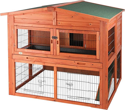 TRIXIE natura Outdoor Deluxe Rabbit Hutch with Run - Large 2-Story Rabbit Cage with Non-Slip Ramp - Elevated Small Animal House with Secure Playpen, Hinged Roof &amp; Two Pull-Out Trays - in Natural