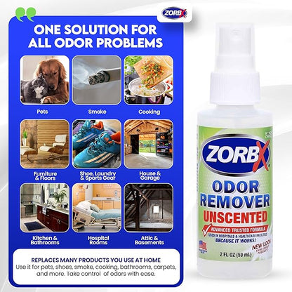 ZORBX Unscented Odor Eliminator for Strong Odor 2 Fl Oz, Pack of 2 - Used in Hospitals &amp; Healthcare Facilities - Advanced Formula, Fast-Acting Odor Remover Spray for Dog, Cat, House &amp; Carpet