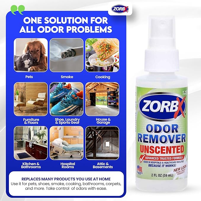 ZORBX Unscented Odor Eliminator for Strong Odor 2 Fl Oz Pack of 5 - Used in Hospitals &amp; Healthcare Facilities - Advanced Formula, Fast-Acting Odor Remover Spray for Dog, Cat, House &amp; Carpet