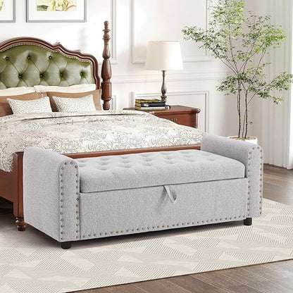 Ottoman with Storage, Tufted Storage Bench for Bedroom, 48" Fabrics End of Bed Bench, Upholstered Entryway Shoe Benches with Rolled Arm &amp; Inner Zipper, Window Ottomans Chest with Rivets, Light Grey