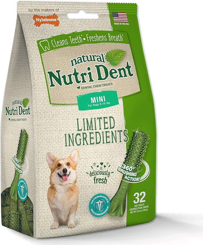 Nylabone Nutri Dent Dog Dental Chews - Natural Dog Teeth Cleaning &amp; Breath Freshener - Dental Treats for Dogs - Fresh Breath Flavor, Mini (32 Count)