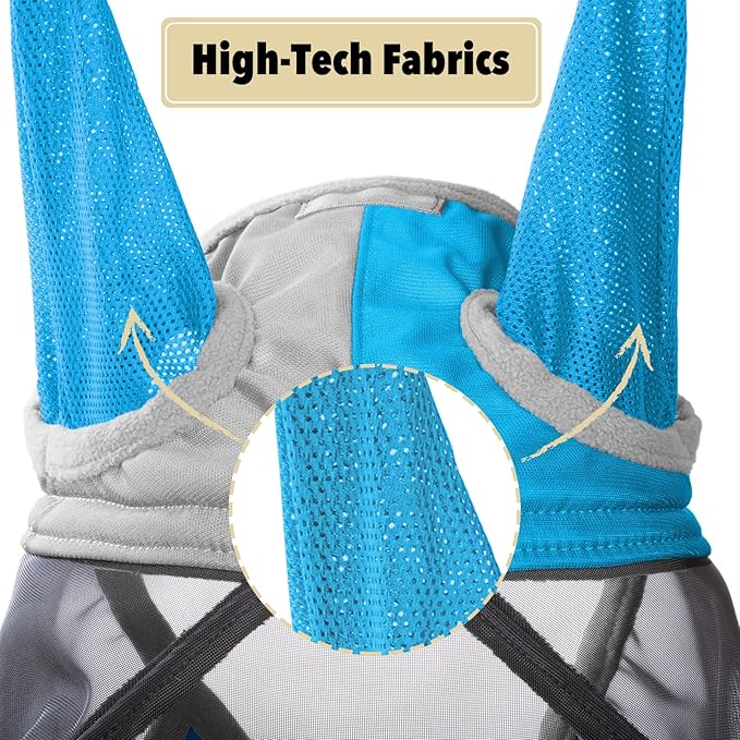 Harrison Howard Pro Luminous Horse Fly Mask Standard with Ears UV Protection for Horse Azure Blue/Silver XL Extra Full Size