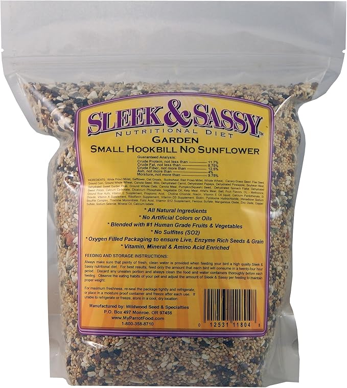 SLEEK &amp; SASSY Garden Small Hookbill No Sunflower Bird Food for Lovebirds, Cockatiels, Quaker Parrots &amp; Small Conures (4 lbs.)