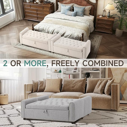 Ottoman with Storage, Tufted Storage Bench for Bedroom, 48" Fabrics End of Bed Bench, Upholstered Entryway Shoe Benches with Rolled Arm &amp; Inner Zipper, Window Ottomans Chest with Rivets, Light Grey