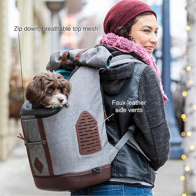 Kurgo Dog Carrier Backpack for Small Pets - Dogs &amp; Cats | TSA Airline Approved | Cat | Hiking or Travel | Waterproof Bottom | G-Train | Ruck Sack | Heather Grey