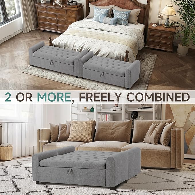 Ottoman with Storage, Tufted Storage Bench for Bedroom, 48" Fabrics End of Bed Bench, Upholstered Entryway Shoe Benches with Rolled Arm &amp; Inner Zipper, Window Ottomans Chest without Rivets, Dark Grey