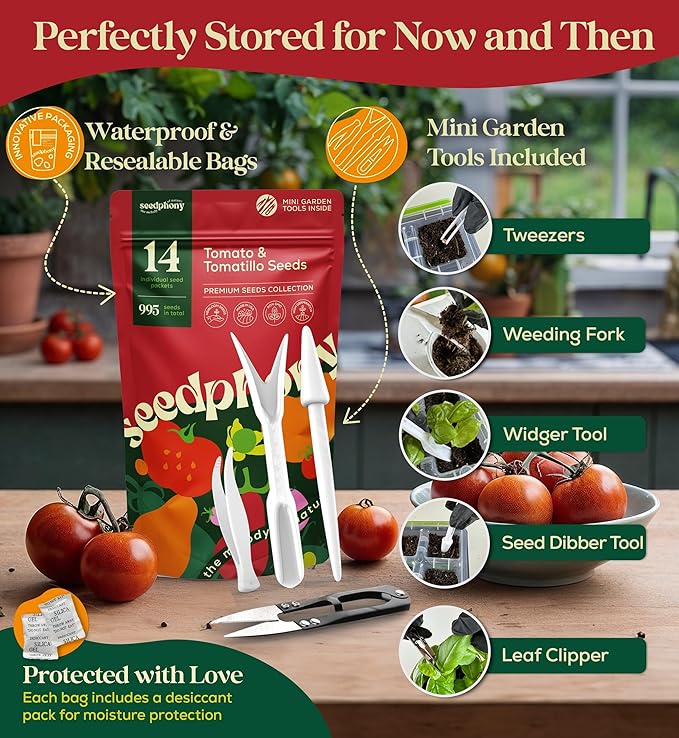 14 Tomatillo &amp; Tomato Seeds for Planting Variety Pack - 990+ Non-GMO Heirloom Vegetable Seeds for Growing Tomato Indoor &amp; Outdoor: Cape Gooseberry, Cherry, Flame, Roma, Beefsteak Tomatoes