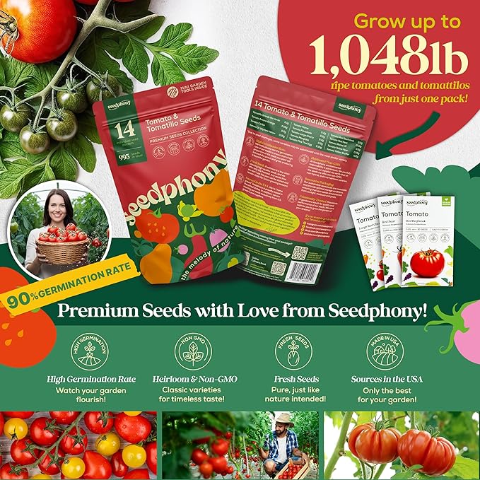 14 Tomatillo &amp; Tomato Seeds for Planting Variety Pack - 990+ Non-GMO Heirloom Vegetable Seeds for Growing Tomato Indoor &amp; Outdoor: Cape Gooseberry, Cherry, Flame, Roma, Beefsteak Tomatoes