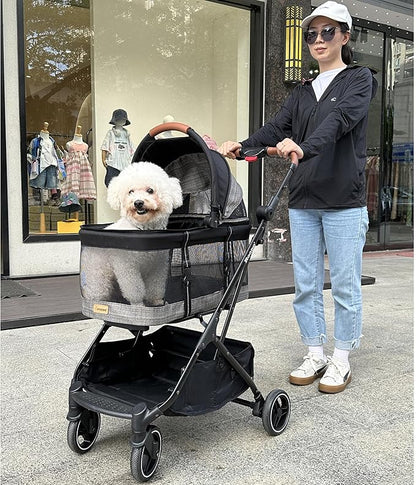 ROODO Fashion 3-in-1 Dog Cat Stroller with Detachable Carrier&amp;Car Seat Combo Best Lightweight Folding Portable All-Terrain Travel Pet Gear Puppy Doggie Kitty Stroller for up to 30 lbs(Grey Lattice)