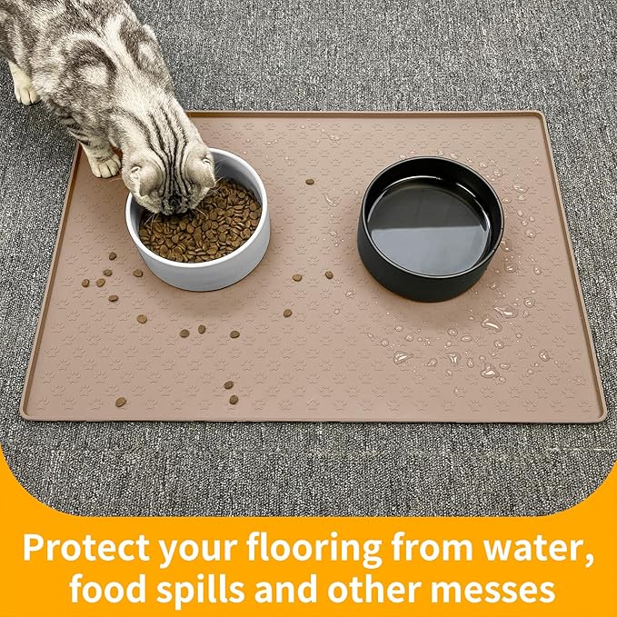Ptlom Silicone Dog Food Mat Waterproof Pet Feeding Mat with High-Lips, Anti-Slip Dog Bowl Mat for Food &amp; Water, Non-Spill Puppy Feeding Tray for Small, Medium &amp; Large Dogs and Cats, Taupe