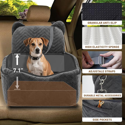 Dog Car Seat Booster with Waterproof Cover, Memory Foam, Small/Medium Dog Bed for Car Back Seat for Travel, Grey, 2 Safety Belt